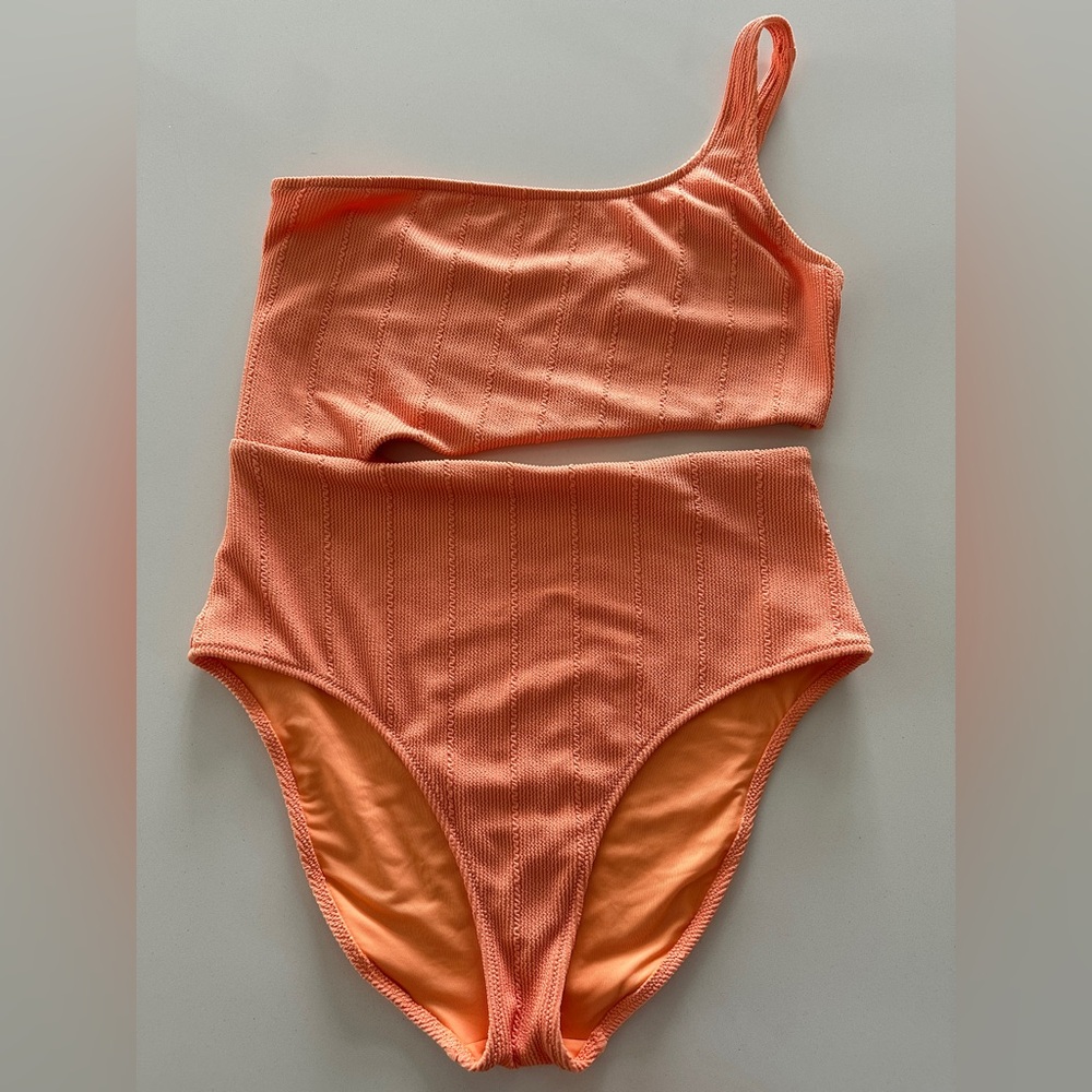 Aerie Textured Terry Cut Out One Strap Muted Neon Orange One Piece Swimsuit XL - Picture 2 of 5